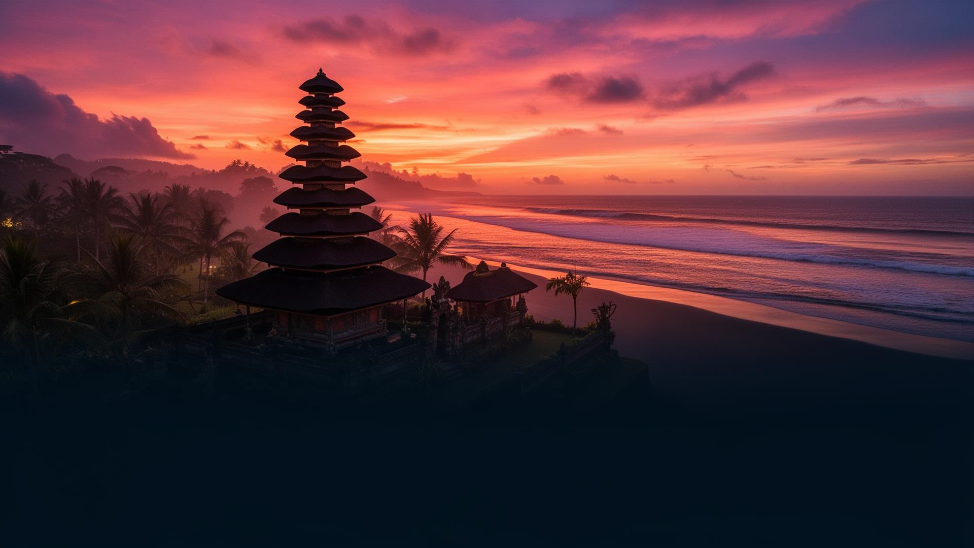 Balinese temple silhouetted against a sunset sky